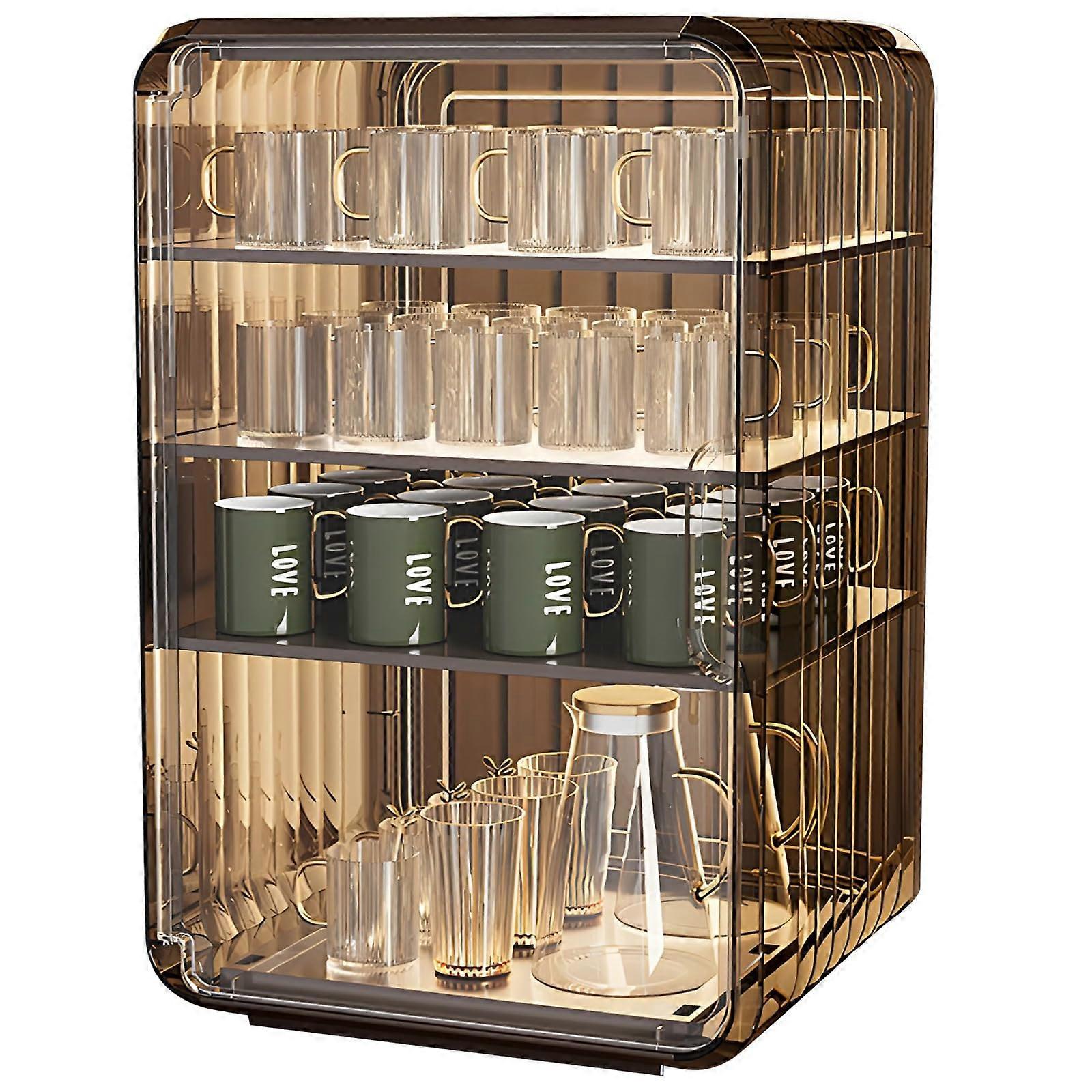 Desktop Cup Storage Rack with Dustproof Transparent Panels, Stackable Cabinet and Adjustable Shelves