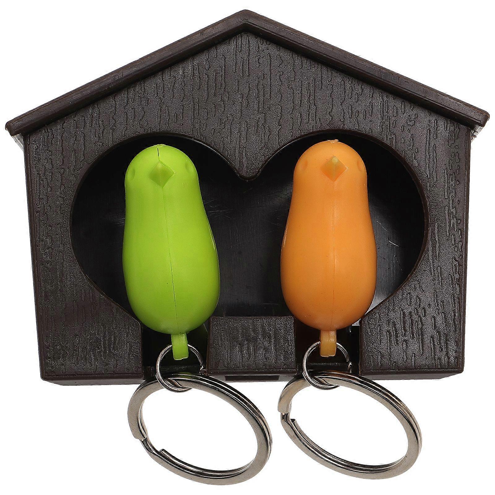 Brown Birdhouse with 2 Whistle Yellow Green Sparrow Key Ring Holder