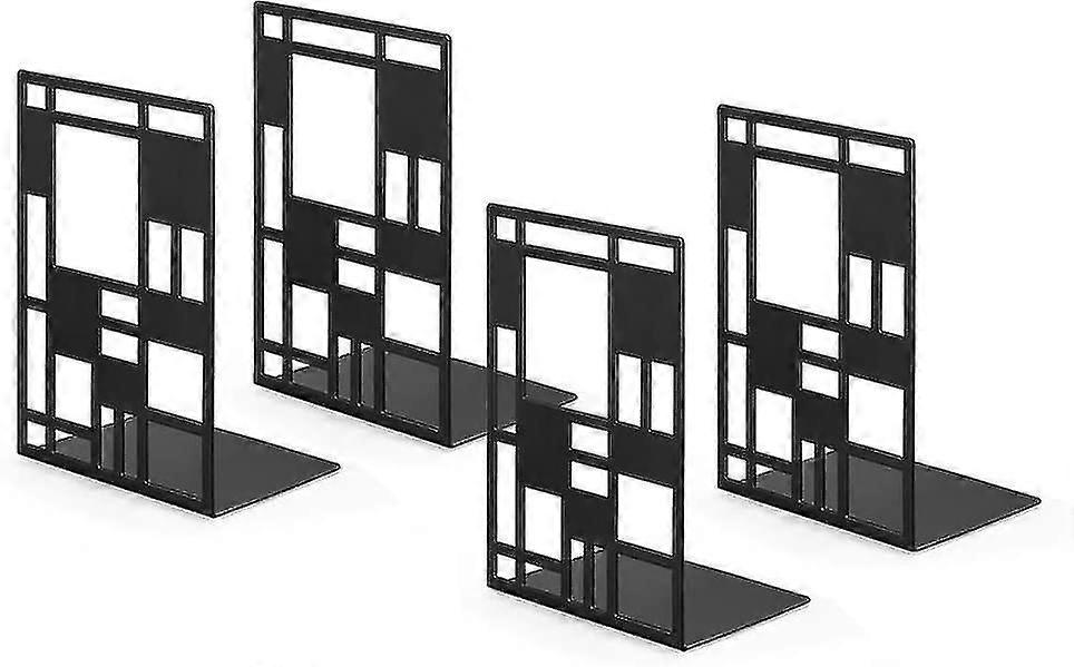Metal Bookends for Heavy Books, Abstract Art Design Black, Non-Slip Base, 2 Pair for Home Office Organization
