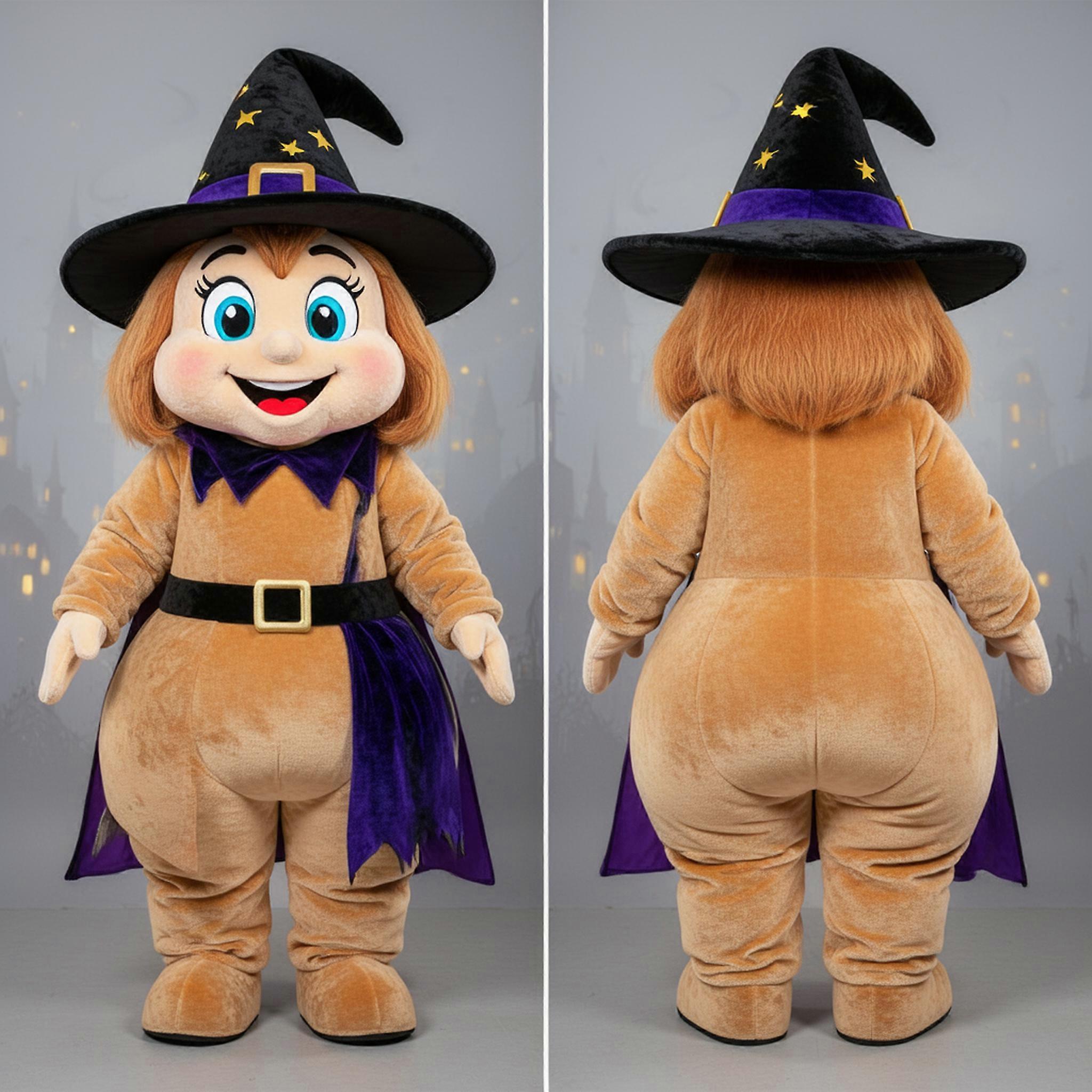 MASTICOT Tan Velvety Cartoon Witch Mascot