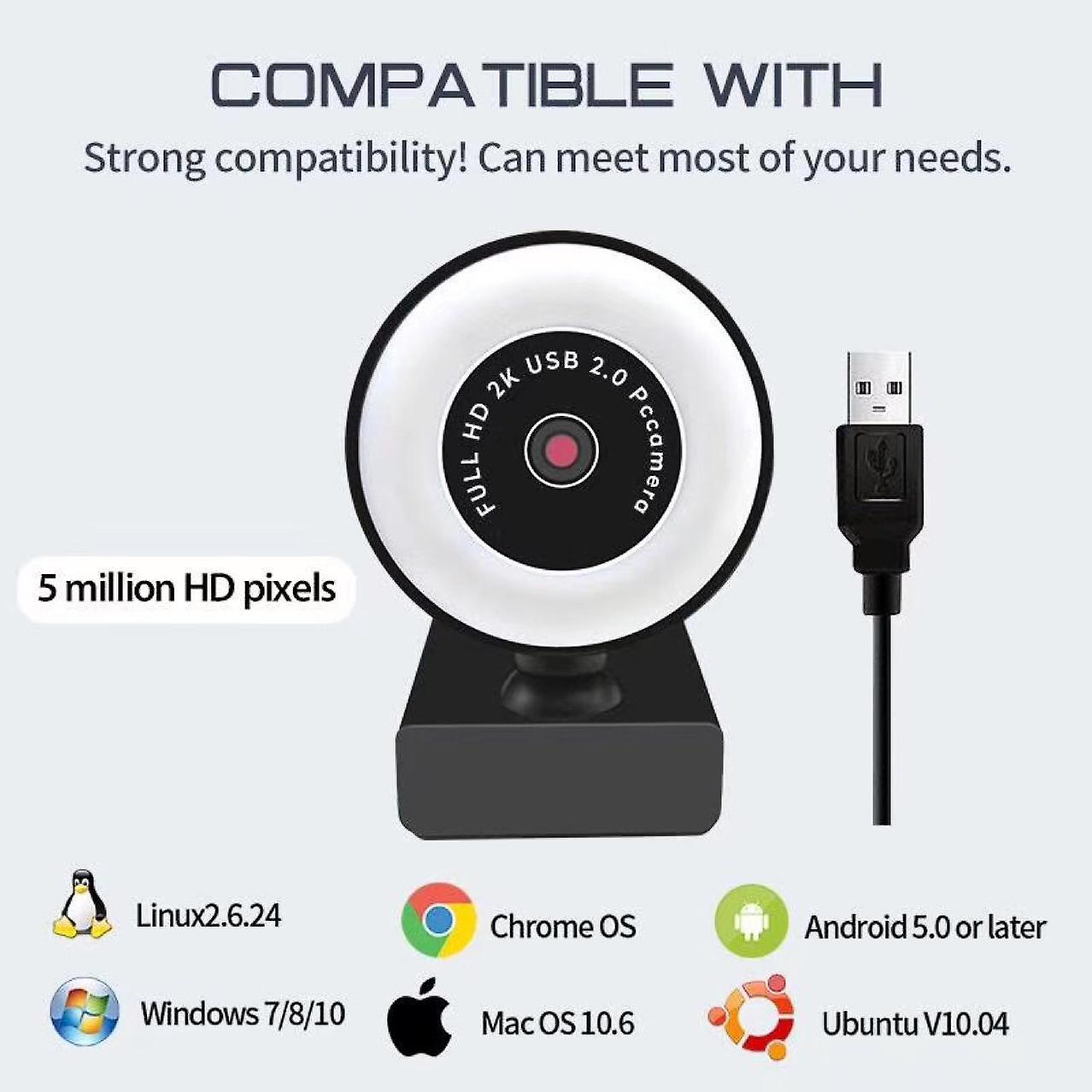 5mp Hd Webcam With Microphone Led Webcam, Computer Video Recording, Autofocus Adjustable Base Camera Usb