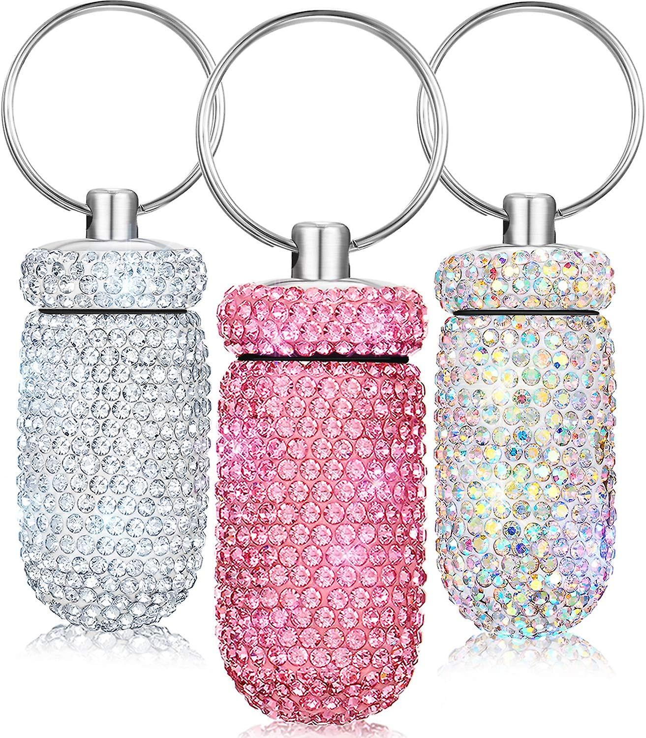 3 Pieces Bling Pill Container Portable Pill Bottle Case Waterproof Travel Pill Holder Moisture Proof With Keychain To Hold Vitamins And Supplements Fo