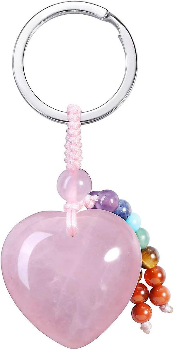 Natural Rose Quartz Heart Crystal Keychain 7 Chakra Healing Gemstone Key Ring Charm for Women