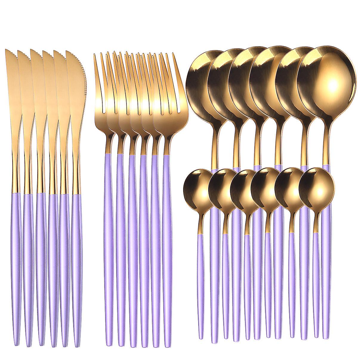 304 Stainless Steel Flatware Sets Western Food/steak Knife, Fork And Spoon 24pcs Gold Purple Color