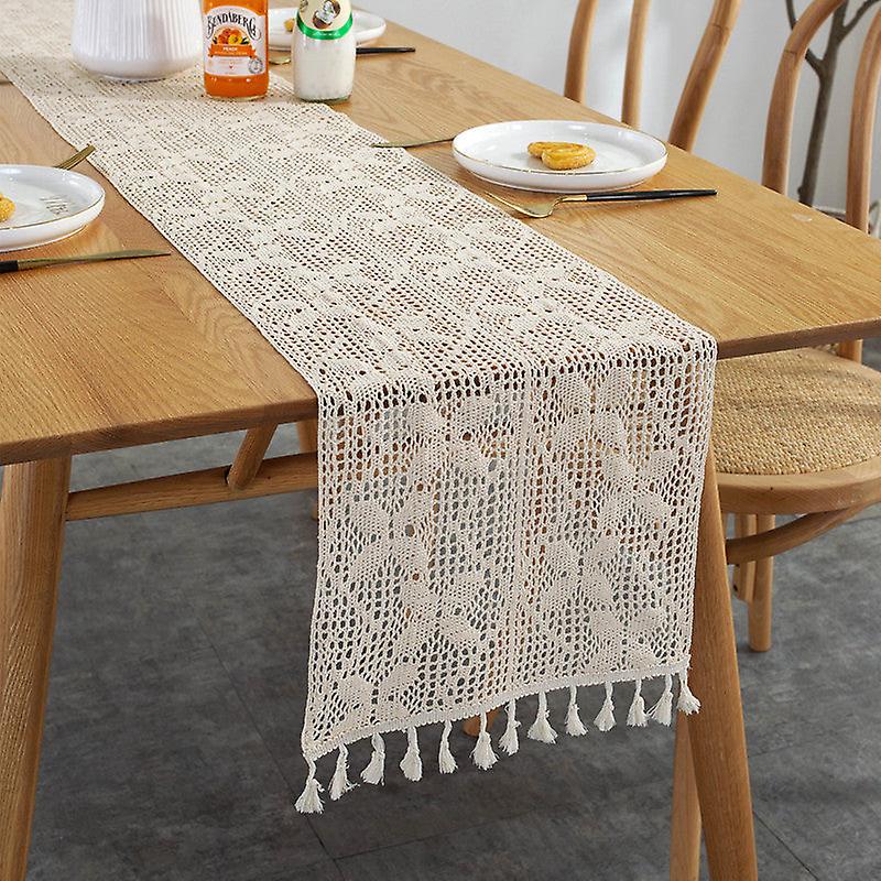 Knitted Hollow Table Cloth Widened Stitching Pastoral Crochet Dining Table Table Runner Cloth Lace Tassel Table Runner