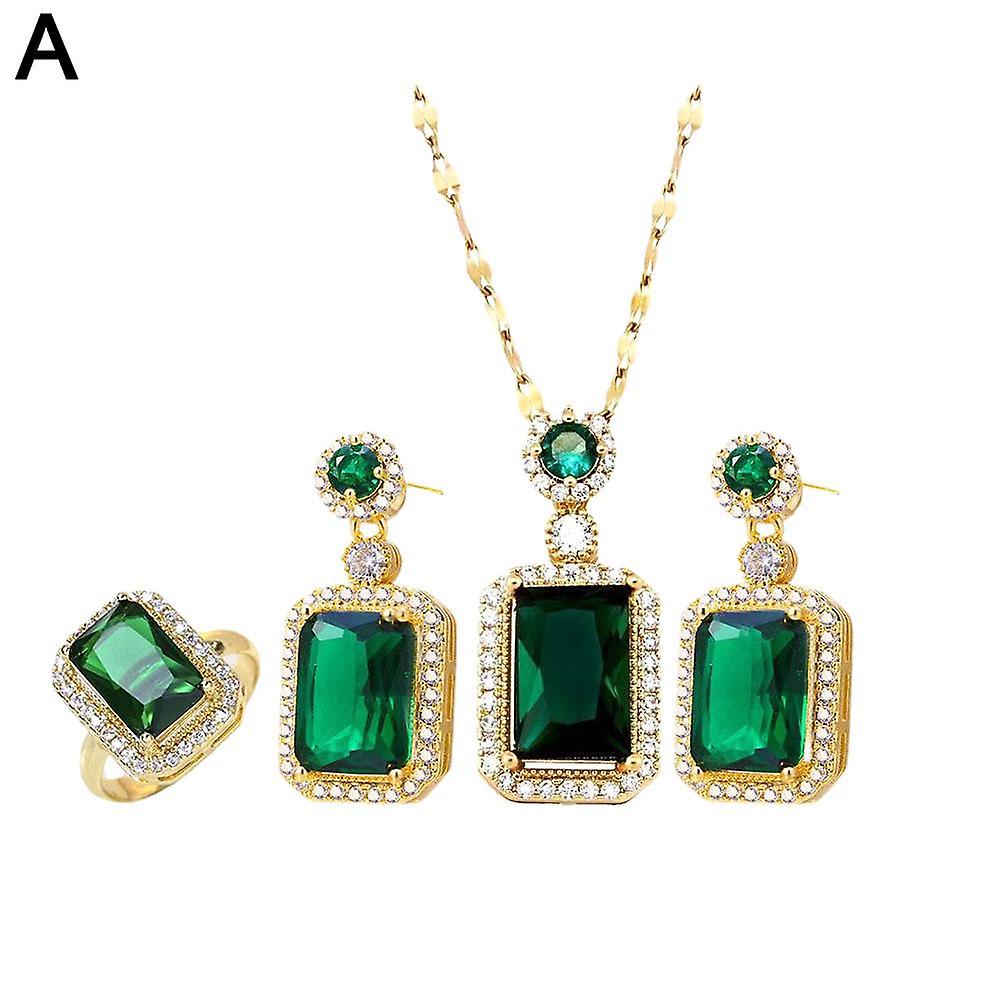 4PCS Set Exquisite Quadrate Rhinestone Necklace Earrings Ring Jewelry Set Charm