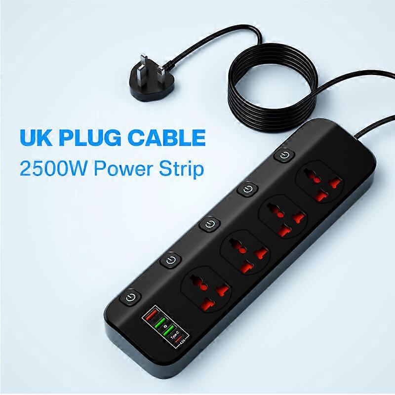2500W Power Strip, 4 Universal Outlets, Residential Use, with USB Type-C Charging Station Adapter, 4 AC Outlets, 5 Slots