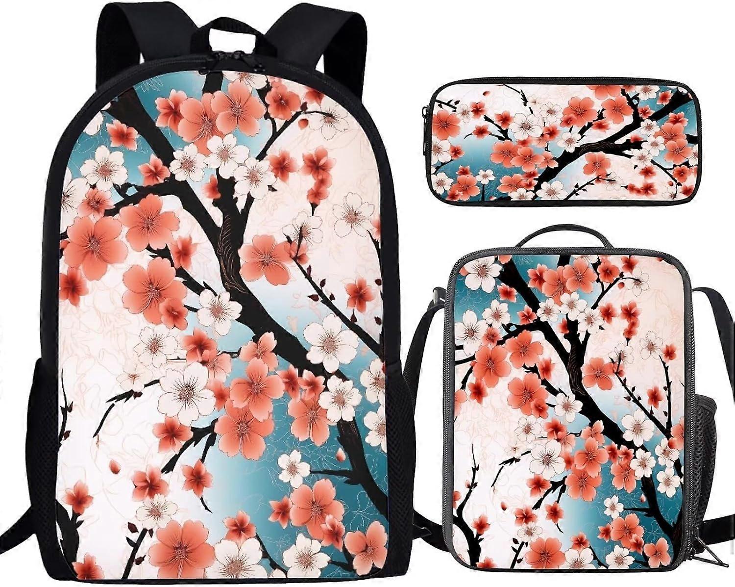 Red Pink Peach Blossom Flowers Big Student Backpack Set 3 In 1, Schoolbag Knapsack Book Bags Insulated Lunch Bag for School