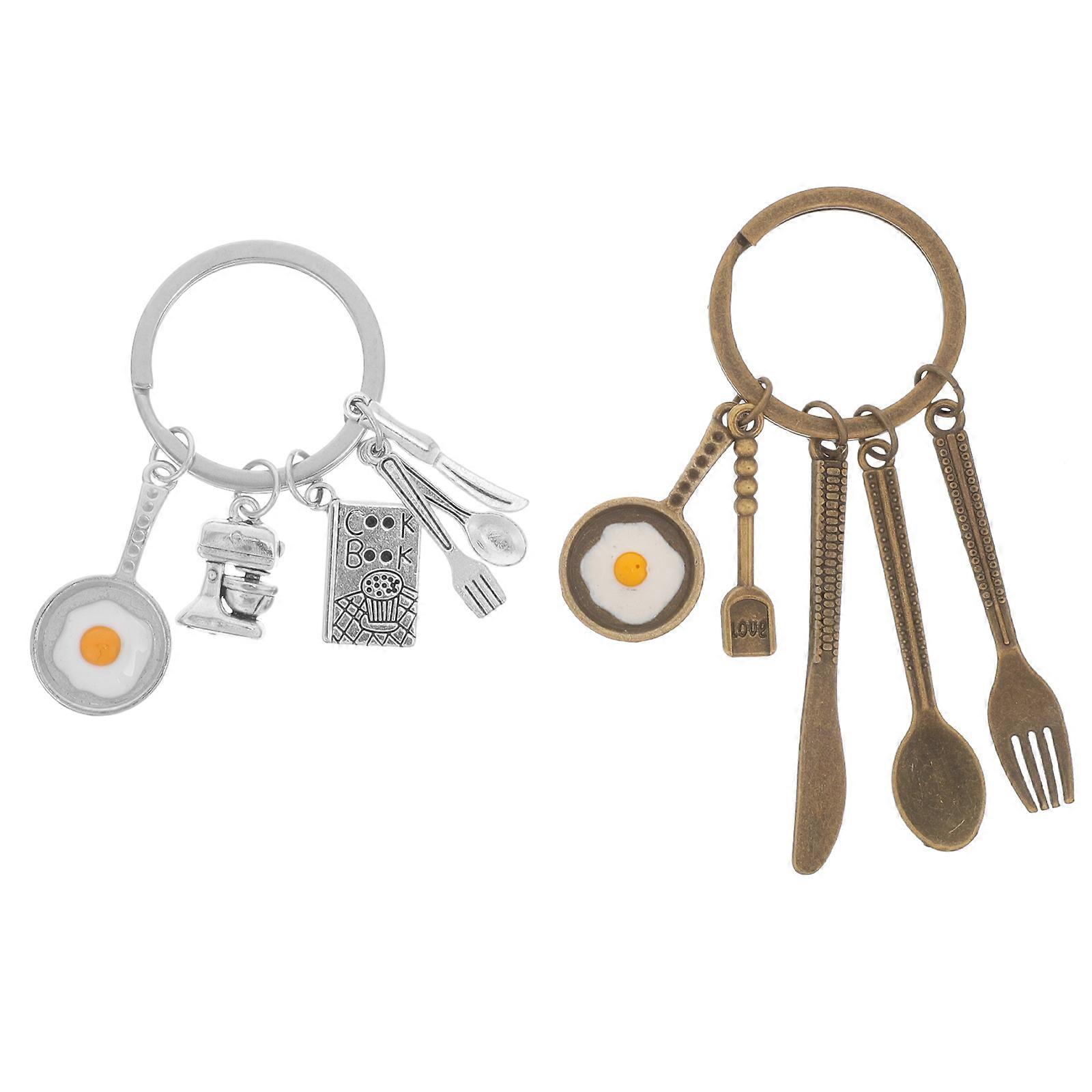 2pcs Fried Egg Keychain Cutting Tool Fork Spoon Tableware Key Rings Cook Book Hanging Keychain Ornament (1#, 2#, 1pcs Each)