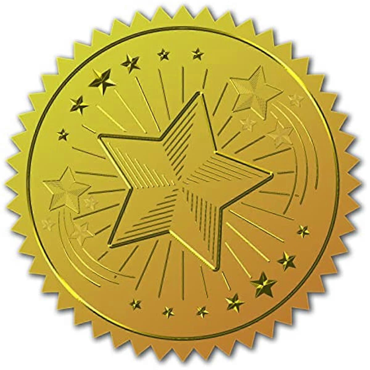 Gold Foil Certificate Seals Five-Pointed Star 2" Round Self Adhesive Embossed Stickers 100pcs for Invitations Certification Graduation Notary Seals Co