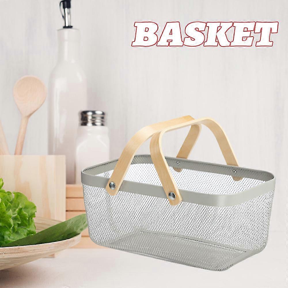 Metal Rectangular Shopping Basket Small Basket Vegetable And Fruit Wooden Handle