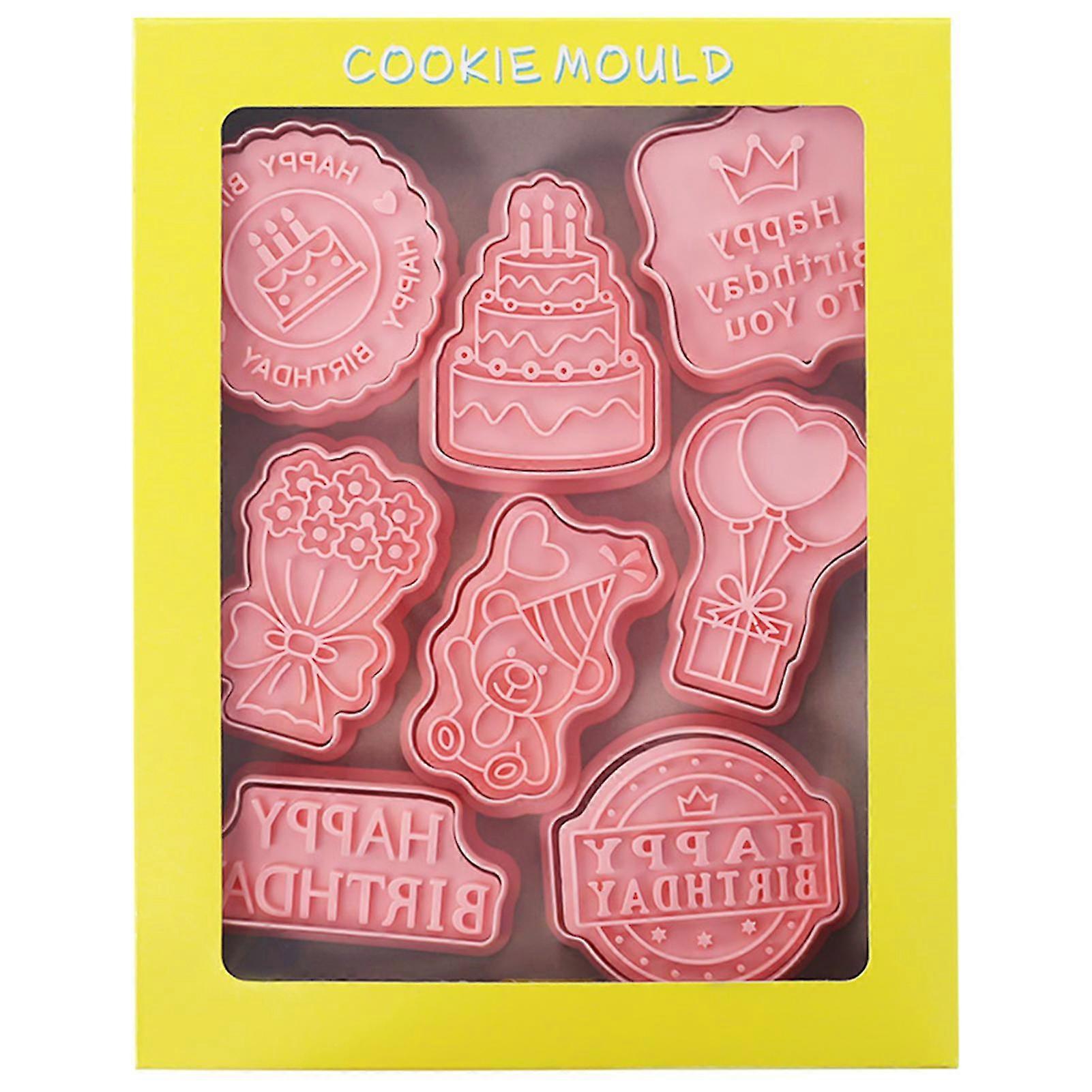 8pcs Birthday Theme Cookie Cutters Plastic 3d Pressable Biscuit Mold Cookie Stamp Kitchen Baking