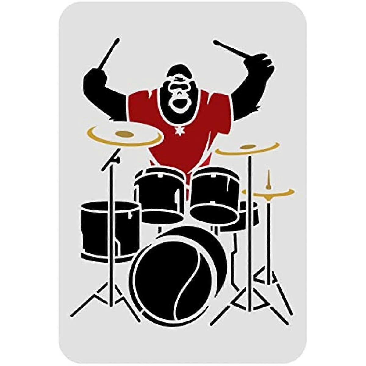 Drum Set Stencil 11.7x8.3 inch Gorilla Stencil Plastic Gorilla Playing Drums Pattern Painting Stencil Reusable Drums Decor Stencil for DIY Projects an