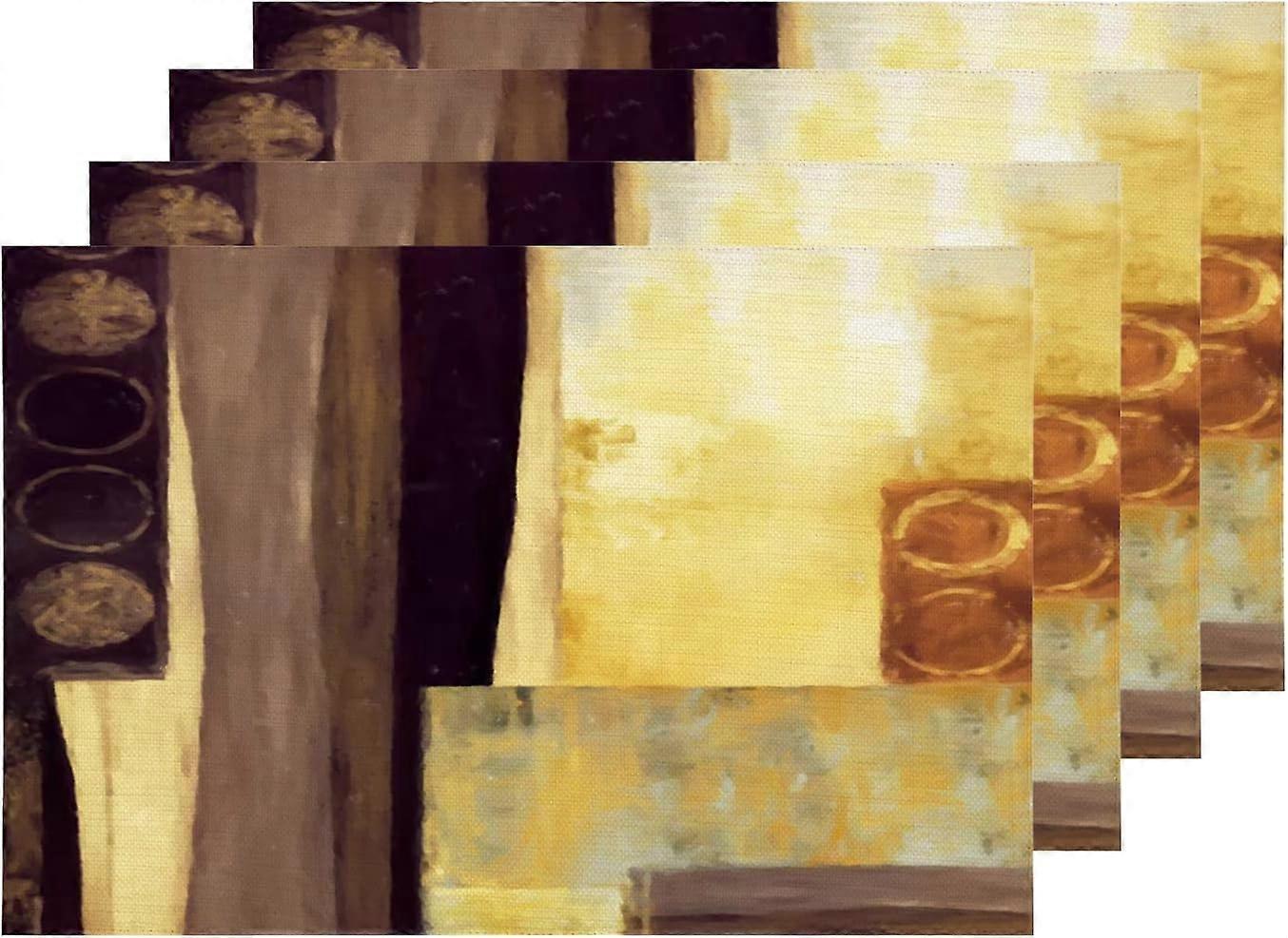 Brown Abstract Oil Placemats, Painting Table Mat Linen Burlap Washable Double-Deck Heat Insulation for Dining Table Kitchen Table Set of 4 (12 x 18 in
