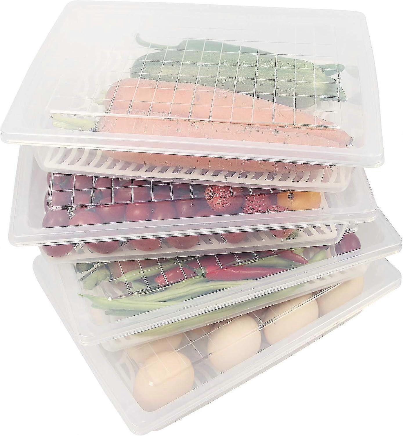 Set Of 4 Plastic Food Storage Containers With Removable Drain Plate And Lid, Stackable And Portable For Freezer