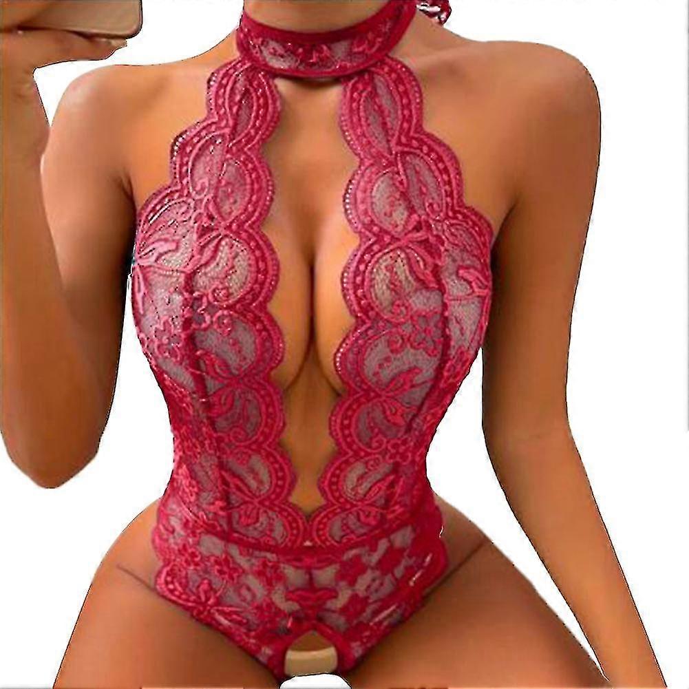 Naughty Crotchless Bodysuit With Open Back - Spandex Pink, Polyester Green Wine Red Lace Erotic Jumpsuit For Women
