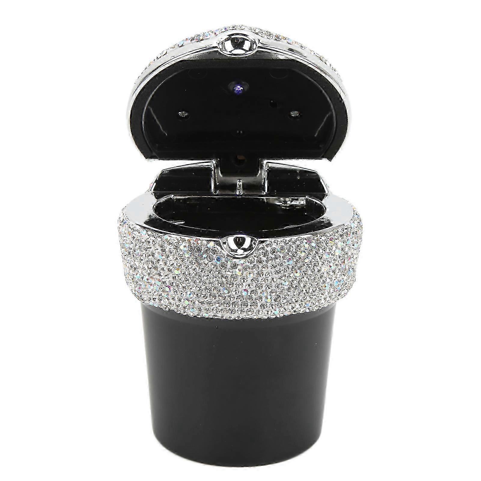 Car Ashtray DiamondStudded Smokeless Container with LED Light Indicator Multifunctional Universal(White )