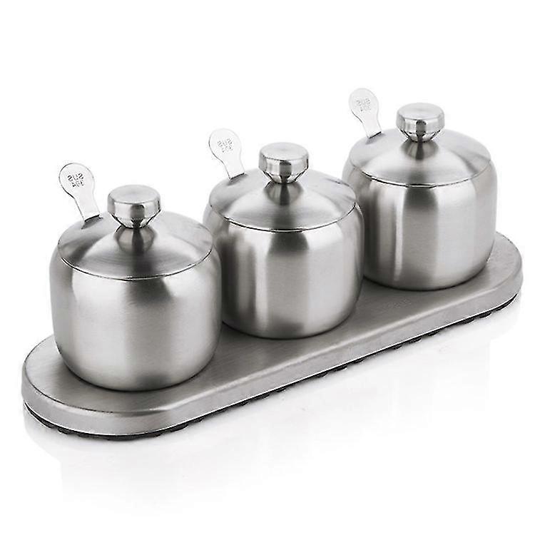 Stainless Steel Seasoning Containers Set With 3 Serving Spoons And Non-slip Base1set