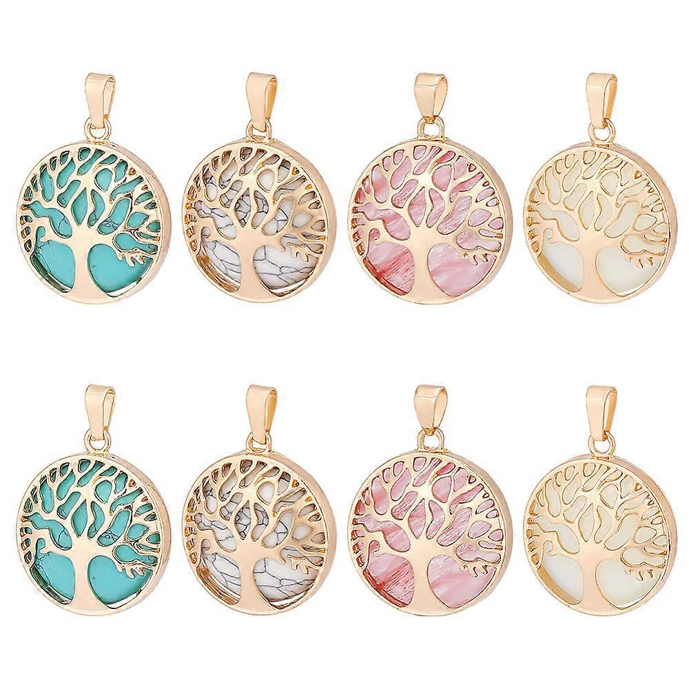8Pcs 4 Styles Natural & Synthetic Mixed Gemstone Pendants with Brass Findings Flat Round with Tree of Life Charms Mixed Dyed and Undyed Golden 30.5x27