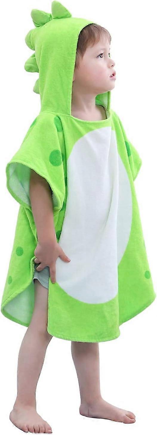 Children's Dinosaur Beach Poncho(Green A,2-4 Years,55*115cm), Hooded Towel Bath Cape, Cotton