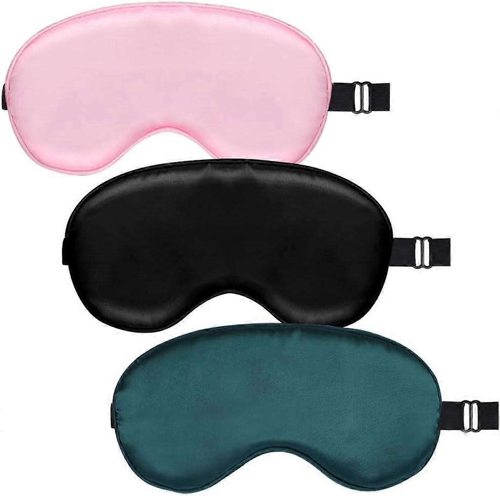 3 Piece Sleep Mask Set, (Black Pink Dark Green) Breathable Silk Cotton Night Mask Blackout Eye Mask with Adjustable Strap for Office Airplane Travel