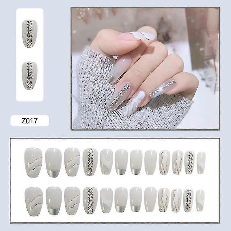 24pcs Long White Press On Nails Cute Rhinestone Design Fake Nails Full Coverage