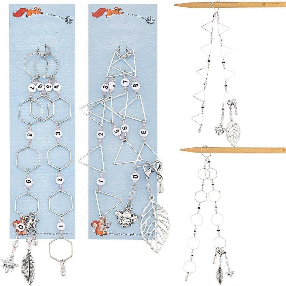 2 Pcs Number Beaded Knitting Row Counter Chains Alloy Leaf Stitch Markers Row Counting Accessories Triangle & Hexagonal Ring Chain Row Counter DIY