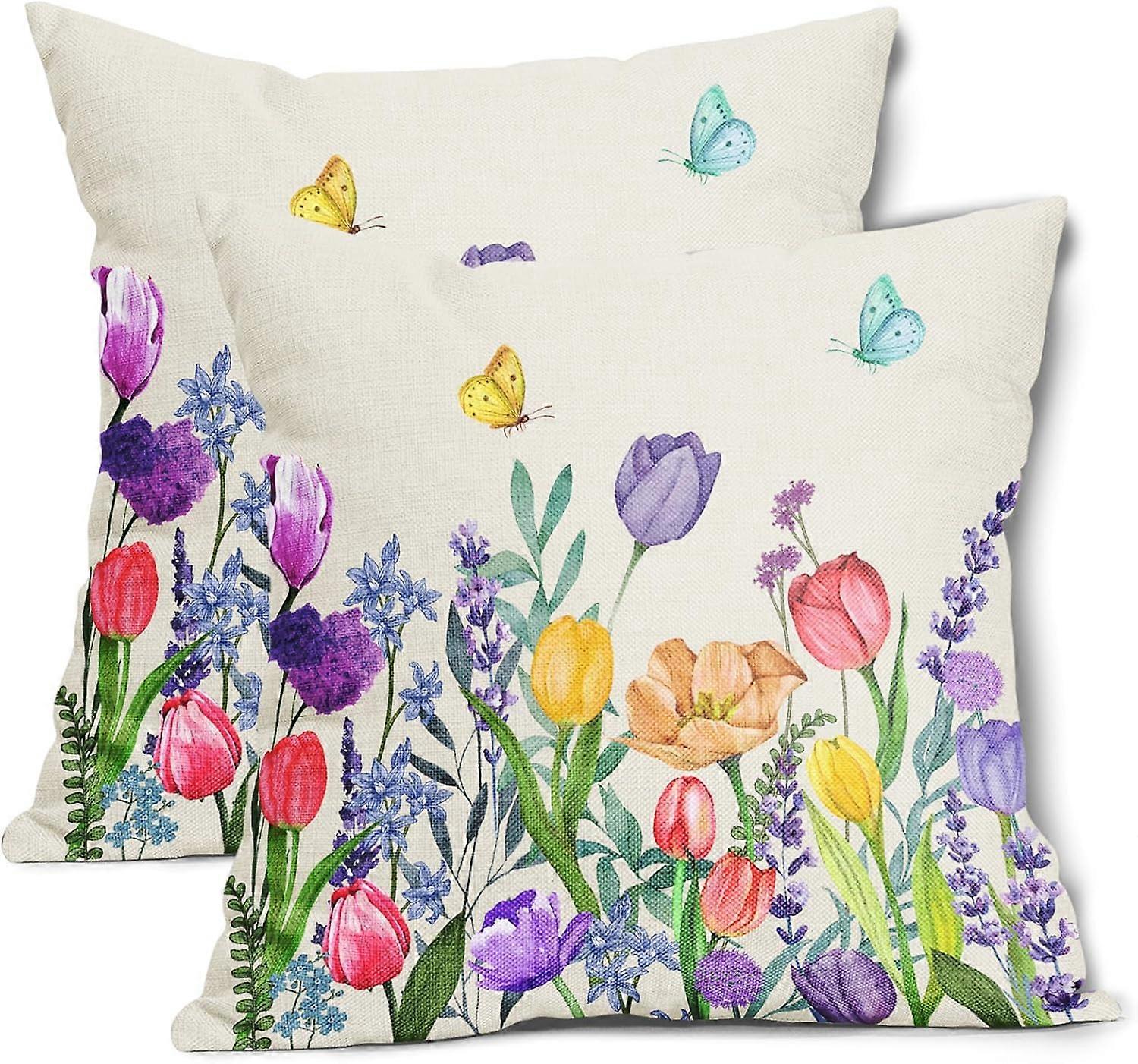 Linki Printemps Floral Coussin Housse Lot de 2 18x18 pouces Tulipes Lavande Fleur Papillon Coton Lin