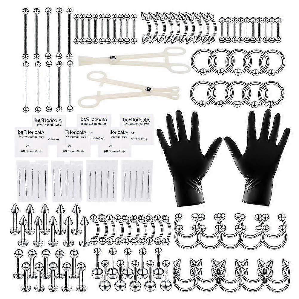 Kit de Piercing em Aço Inoxidável - 140pcs Nariz Lábio Língua Sobrancelha Industrial Barbell Belly Button Anéis