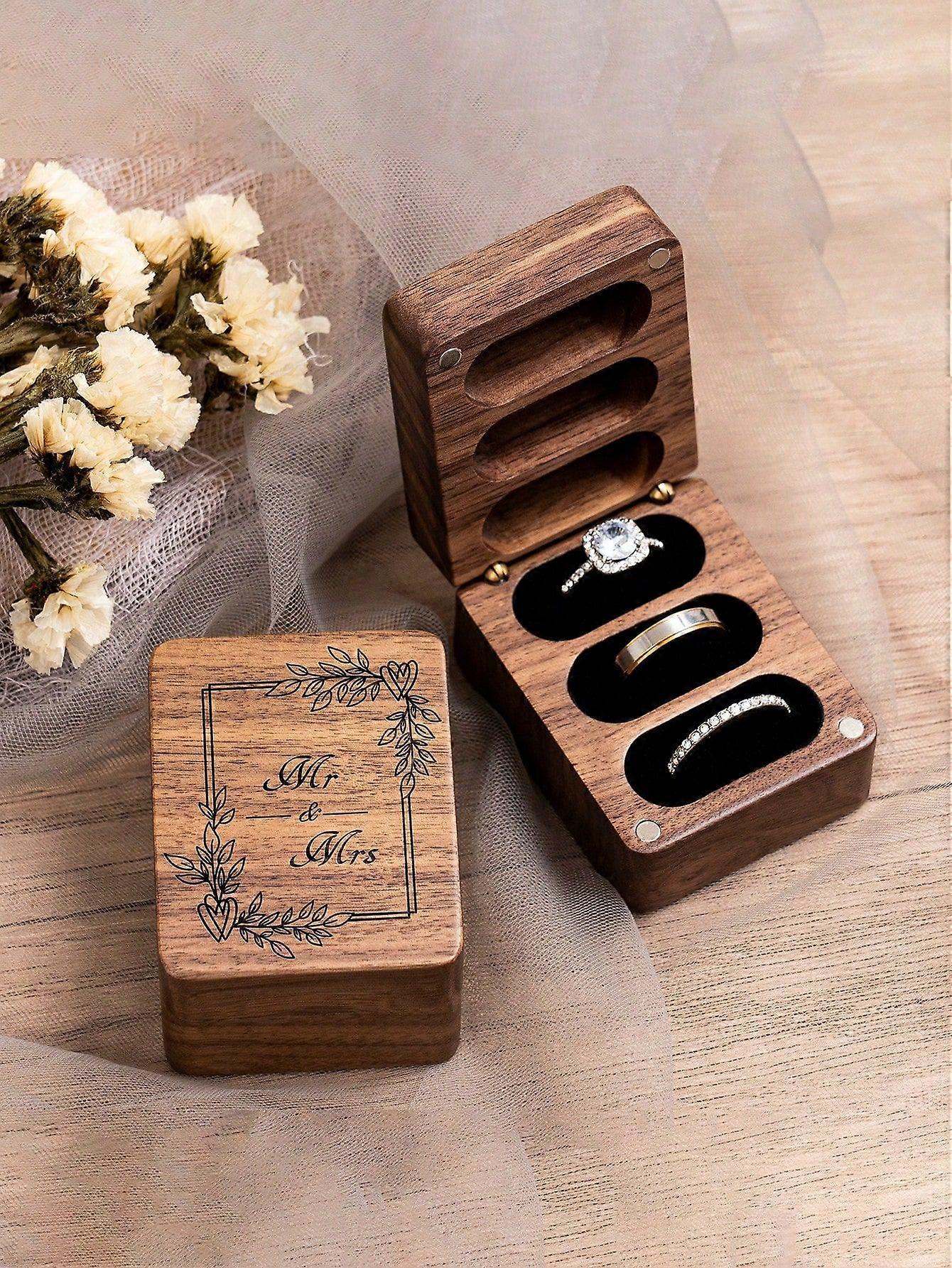 1 قطعة السيد والسيدة 3 فتحة مربع الدائري ، محفور ثلاثي الخشبي حلقة حالة مربع لحفل الزفاف خاتم حامل مربع ، أفكار هدايا عيد ميلاد الذكرى السنوية ، هدية ل Val