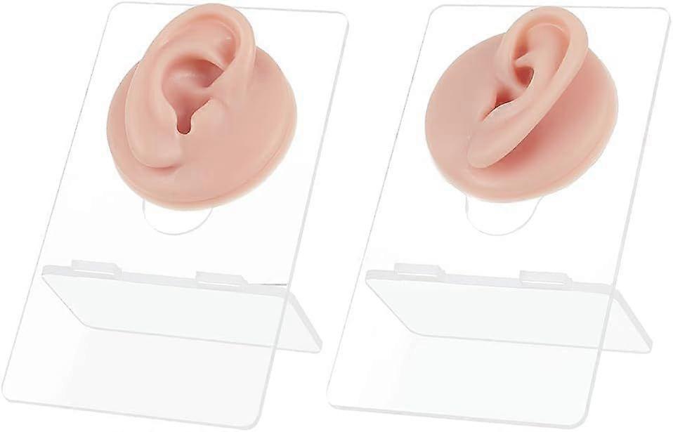 2 Pcs Silicone Ear Model with Acrylic Stands Left and Right Flexible Model Ear Piercing Practice Realistic Silicone Soft Ear Mold for Jewelry Display