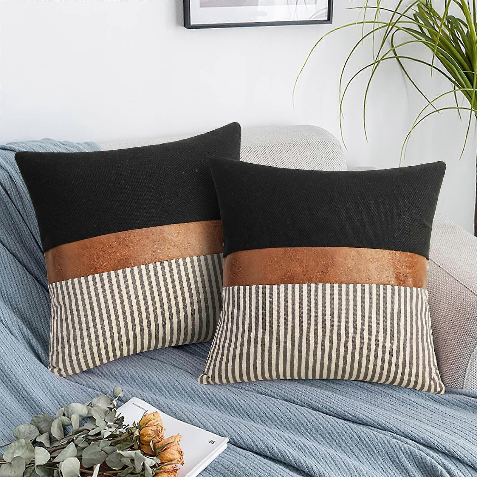 Set of 2 20x20 Stripe Patchwork Linen Pillowcases for Home Decor, Soft Bedding, and Contemporary Style