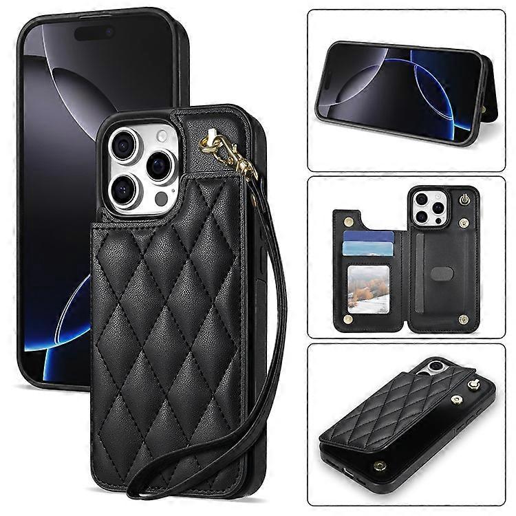 iPhone 16 Pro Max Kılıfı ile Uyumlu Bilek Kayışı Kart Yuvaları Rhombus Deri+TPU Telefon Kılıfı