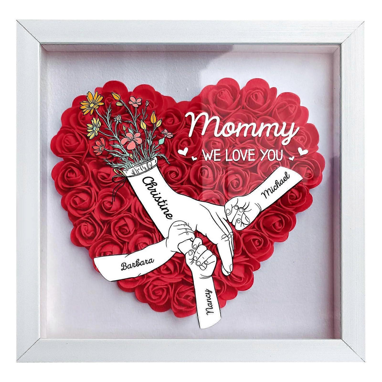 Mom Gift HeartShaped Flower Shadow Box with Name Design Mothers Day Keepsake 8x8in