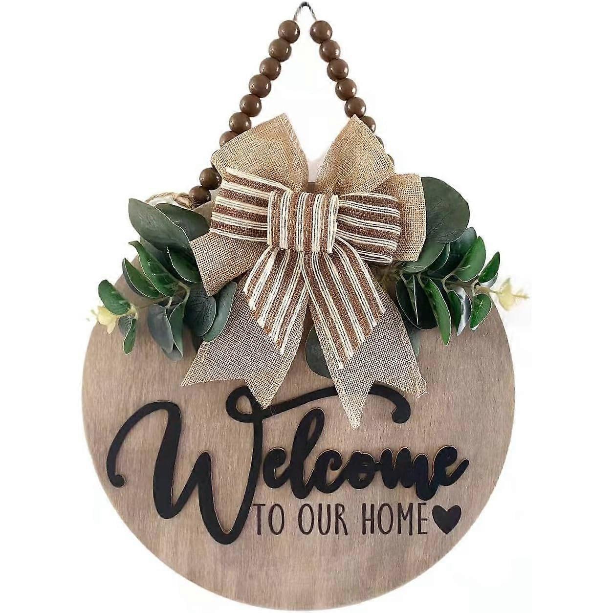 3D Welcome Sign for Front Door | Decorative Wooden Hanging Sign with Artificial Leaves and Rustic Beads | 12 Inch Circle