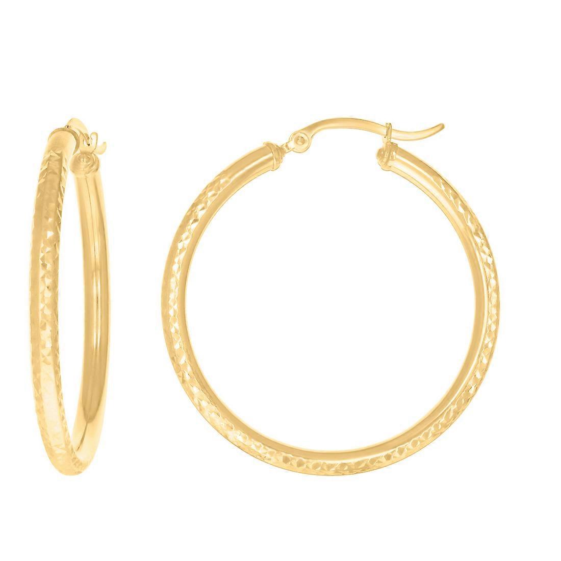 14Kイエローゴールドレディースラウンドチューブスパークルカットパターンのファンシーフープイヤリング38x3mmワイドフープイヤリング女性用