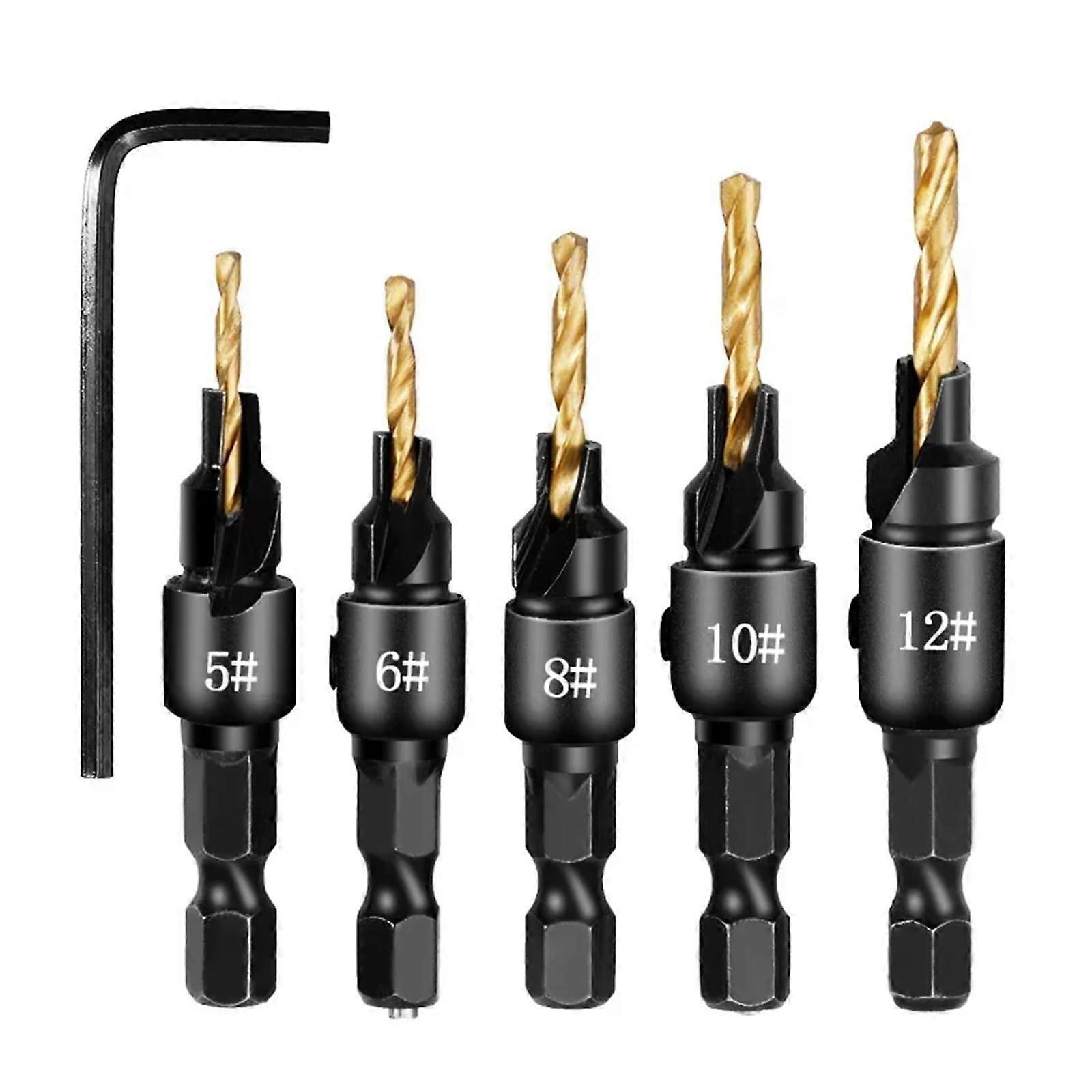 4/5PCS Conical Drill Bit Countersink Drill Woodworking Drilling Holes HSS Universal Counterbore Cutter Screw Hole Drill(HexHandle Golden)