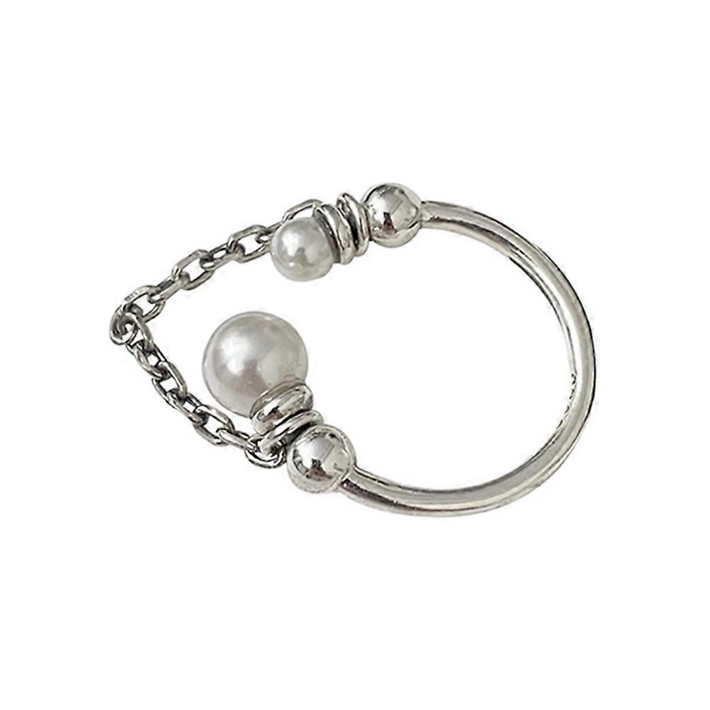 Open Ring with Pearl Chain Adjustable Daily Ornament Silver Color 0.9x0.9x0.2in Size for Women 1Pack
