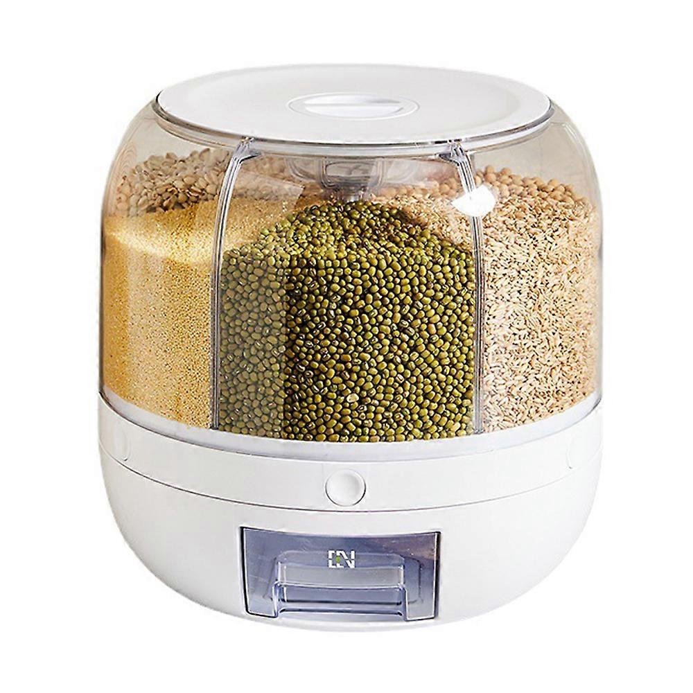 360° Rotating Grain Dispenser 6-Grid Dry Food Storage Box Insect-Proof Kitchen Organizer for Rice Beans and Cereals