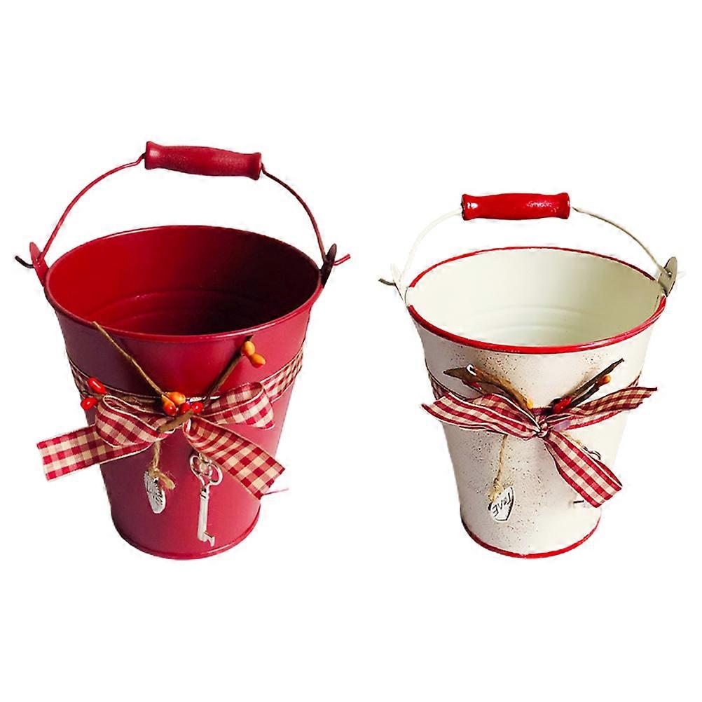 2pcs Iron Flower Pots with Wooden Handles, Rustic Decorative Planters, Vintage Style Buckets for Home and Garden, Beige and Red, Chic Desktop