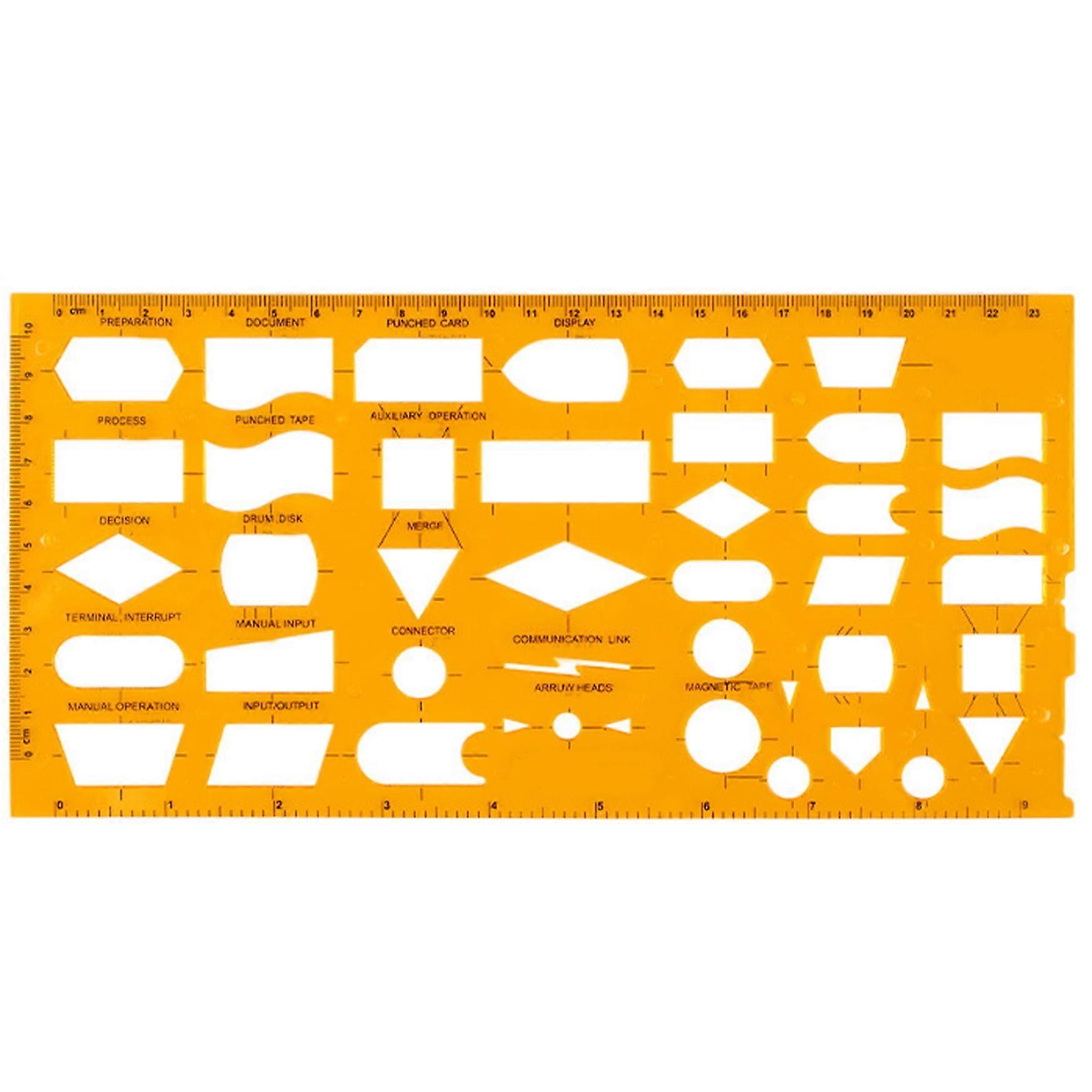 1 form template, 10 x 5 inch yellow flexible plastic stencil for drafting, drawing, and design.
