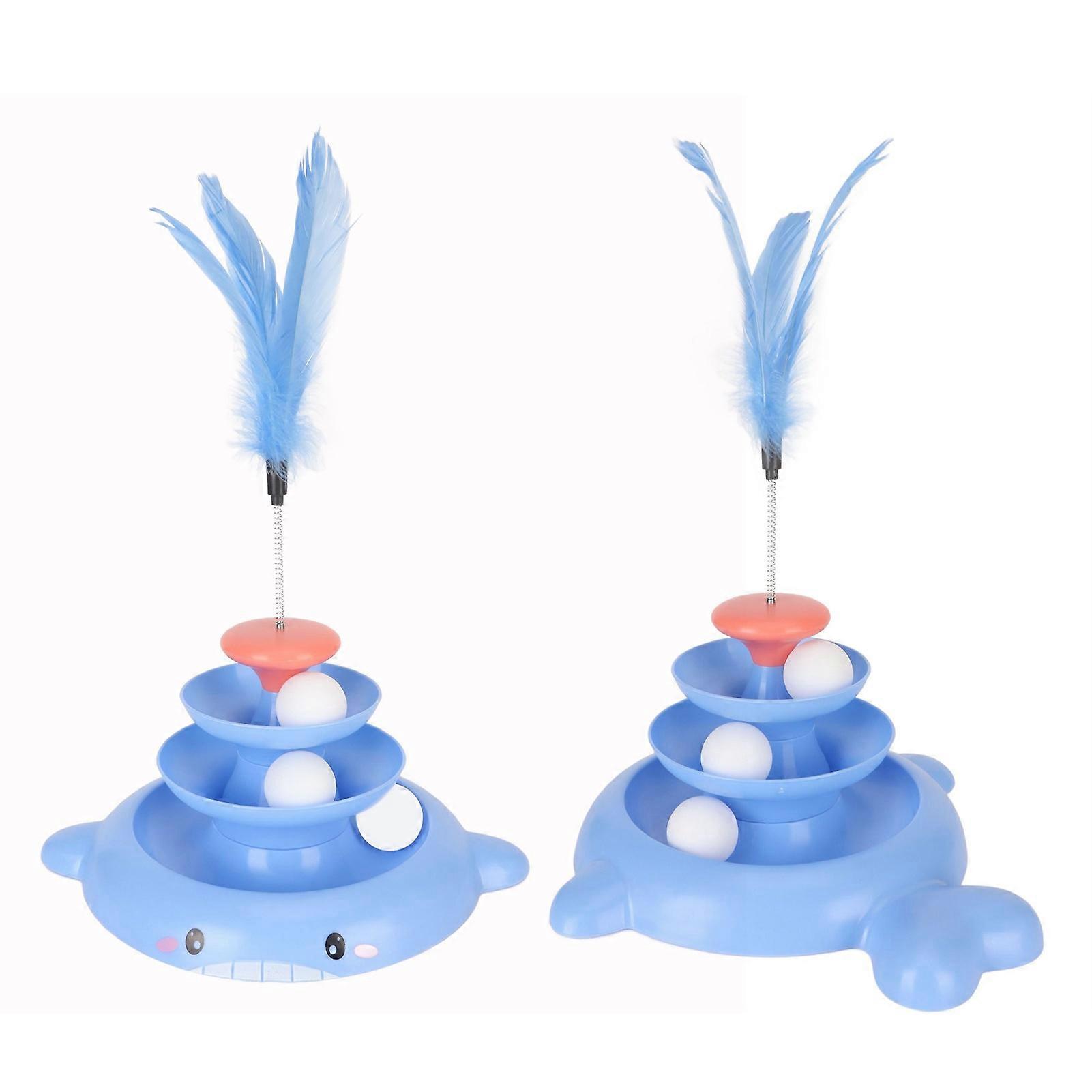 Cat Ball Tower Toy 3 Level Detachable Pet Track Interactive Toy with Teasing Feather for Kitten Exercise Blue 