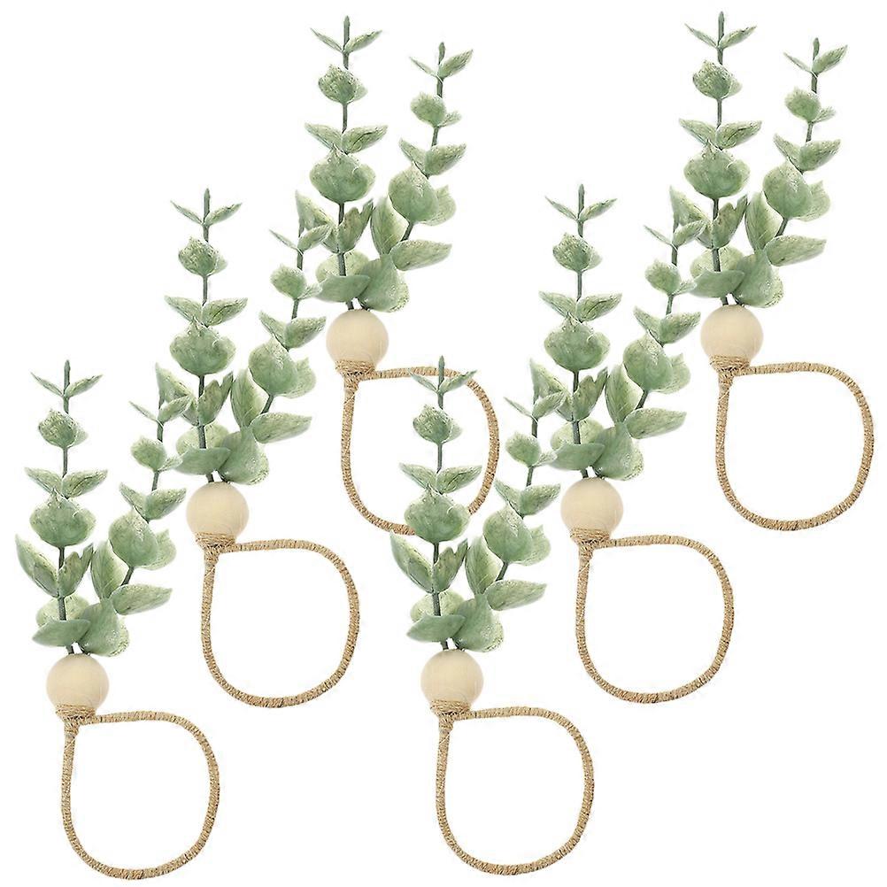 Farmhouse Napkin Rings with Eucalyptus Leaves and Wooden Beads Set of 6 for Home Dining Table Decor