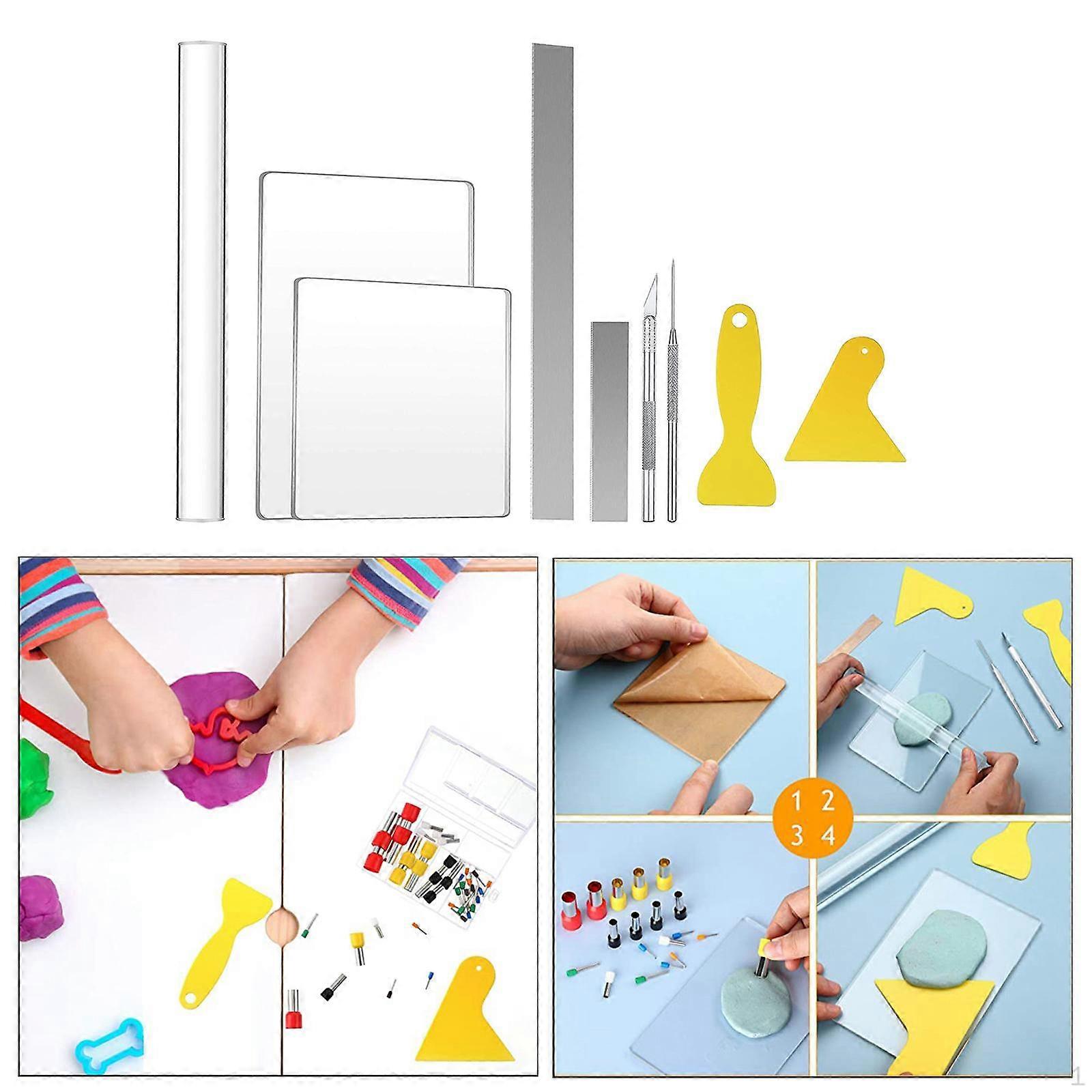 9PCS Polymer Clay Tools Acrylic Roller Clear Sheet Backing Board Punch