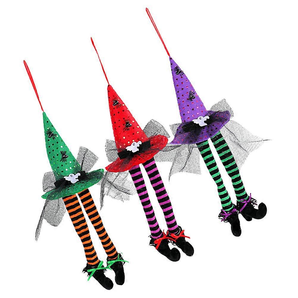 3pcs Witch Hat Hanging Decor with Long Legs Plush Boots – Halloween Party Ornament for Indoor Outdoor Spooky Atmosphere