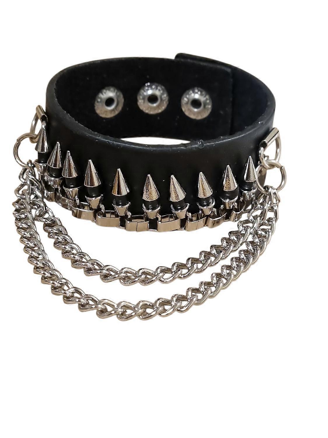 Black Leather Bracelet with Lace Rivets & Chains