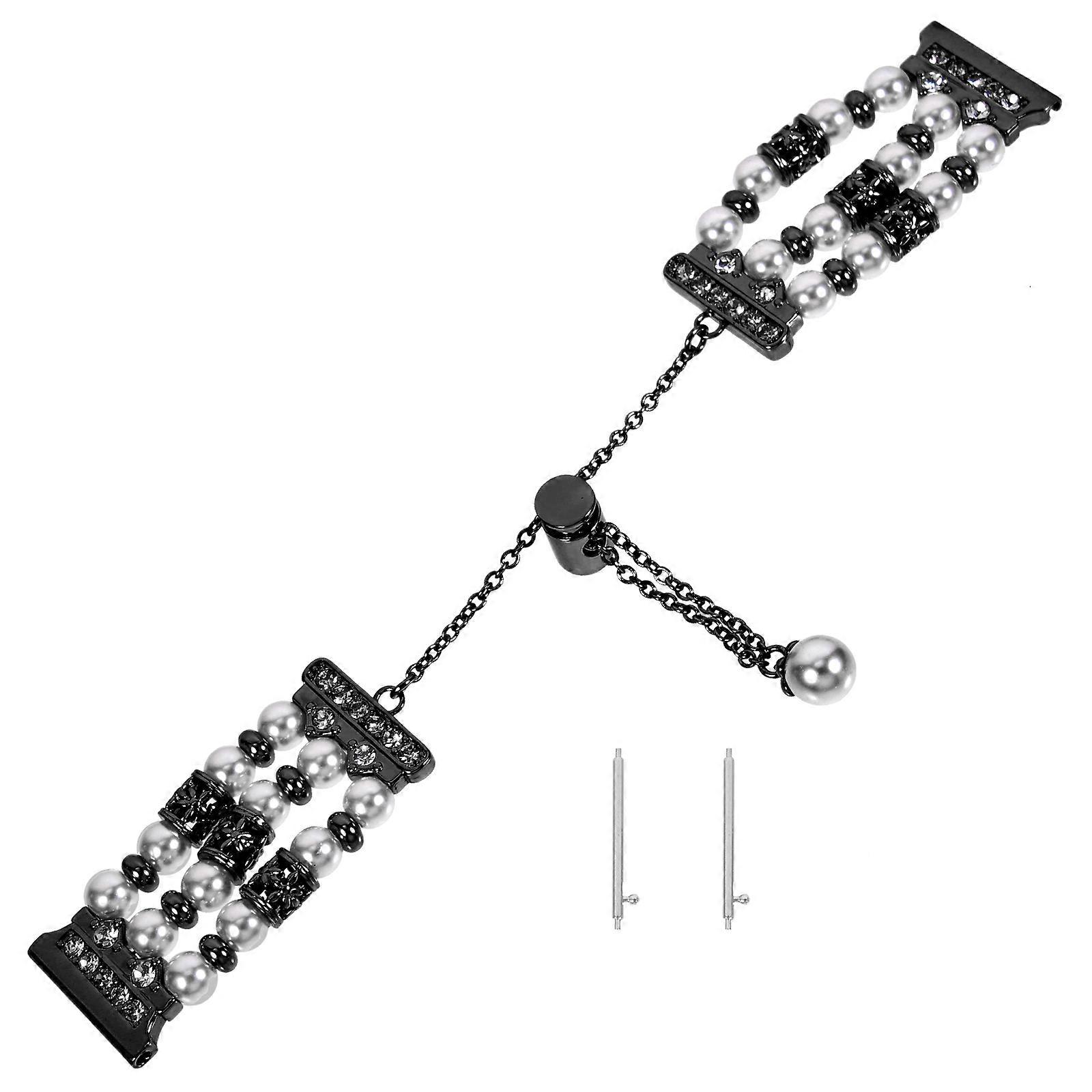 Black Pearl and Metal Watch Band Adjustable Size for Decoration Use with Safe Button Lock