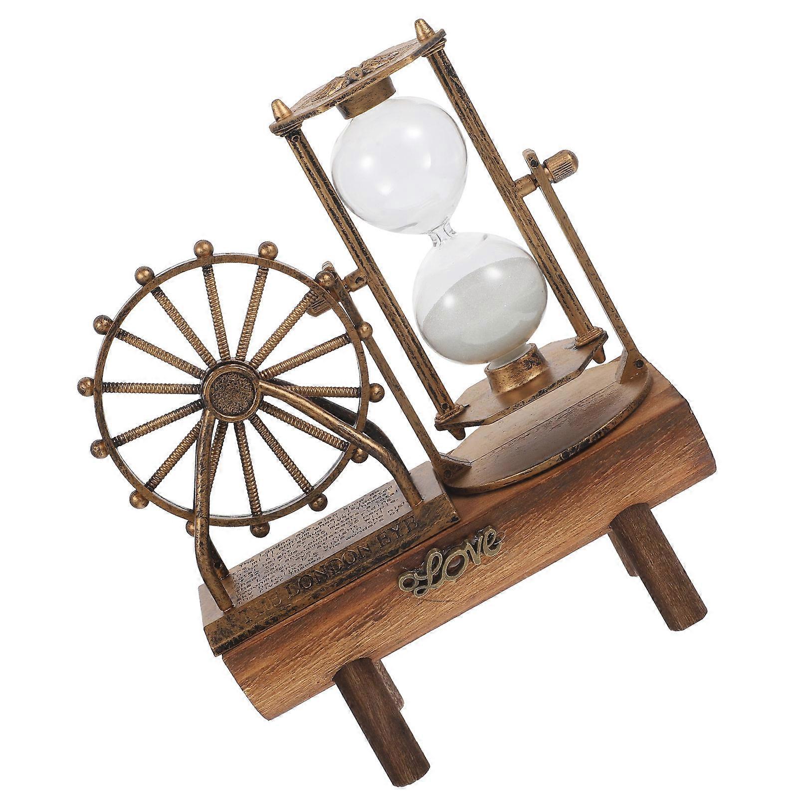 Retro Ferris Wheel Sand Clock with Wooden Base – Vintage Style Sandglass Ornament for Living Room Decoration – Creative Home Decor Item with Stable