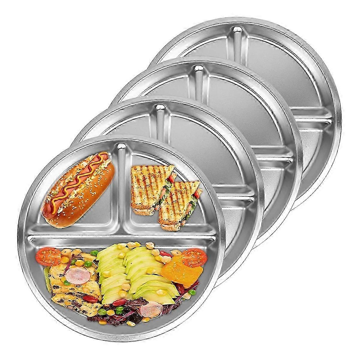 4Pack Stainless Steel Plates, 8Inch 3 Section Round Divided Plates Portion Control Plates Partition