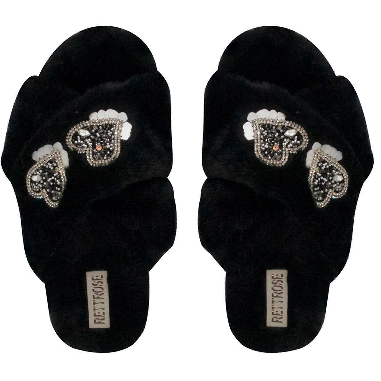 Katie black luxury plush diamanté heart embellished handmade slipper